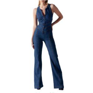 Denim Jumpsuit Wide Leg Retro Heart Shaped Cutout XXL
